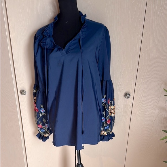Tops - Floral Embroidered Navy Blue Women's Top